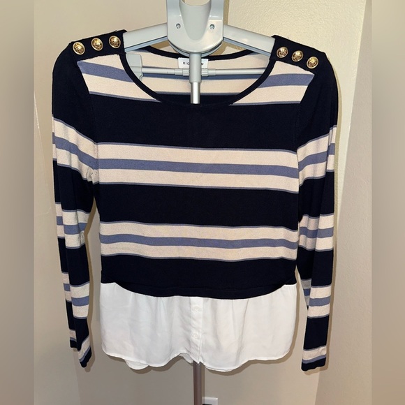 Rio & Rian Striped Blue and Cream Blouse with Peplum Waist - Picture 1 of 5